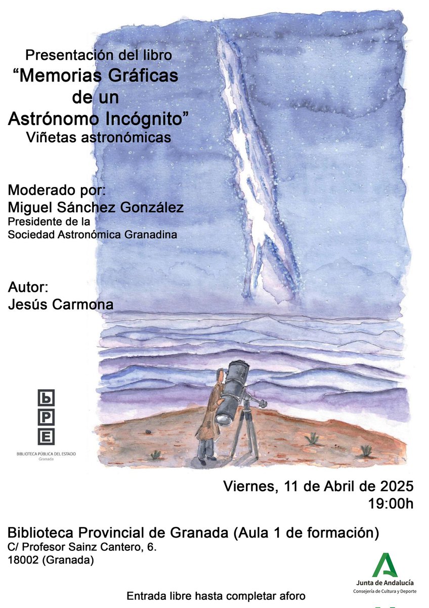 El pasado viernes 11 de Abril presenté el libro de viñetas "Memorias Gráficas de un Astrónomo Incógnito" en la Biblioteca Provincial de Granada, con Aniceto Porcel, compañero de <a href="/astrogranada/">Sociedad Astronómica Granadina</a>. Gracias a los que nos acompañasteis y a la Biblioteca por las magníficas instalaciones