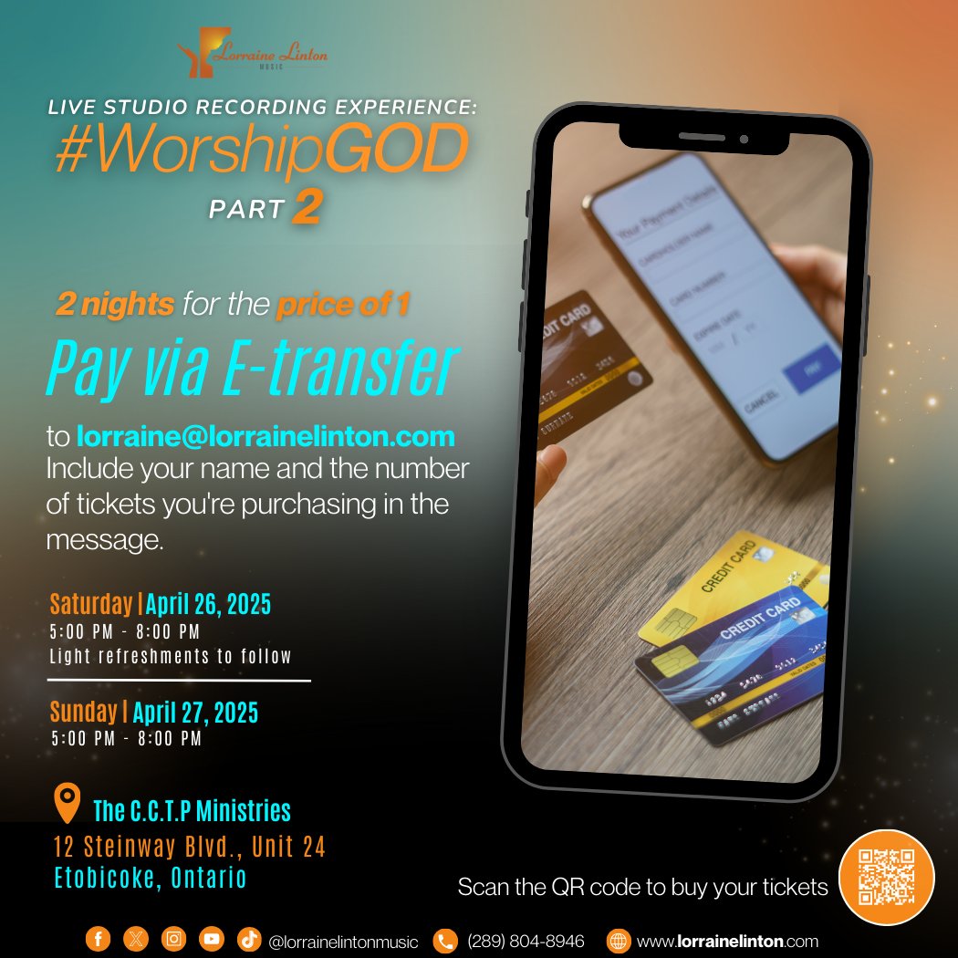 lorrainelintonm's tweet photo. ✨ Get Ready for 2 Unforgettable Nights of Worship at the Live Studio Recording Experience: #WorshipGOD Part 2! ✨

💳 Paying is easy with E-Transfer!
To buy your tickets quickly and securely, simply send your payment to Lorraine@lorrainelinton.com via e-transfer. https://t.co/Uq6MFrzDGy
