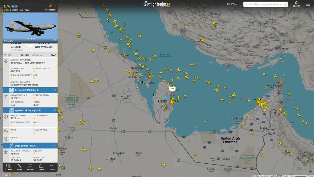 AIYeyENGDdJkjTr's tweet image. Apr. 13, 2025
#Al-Udeid Air Base ==&amp;gt;

#NoCALLSIGN #AE0484 USAF KC-135R Stratotanker
