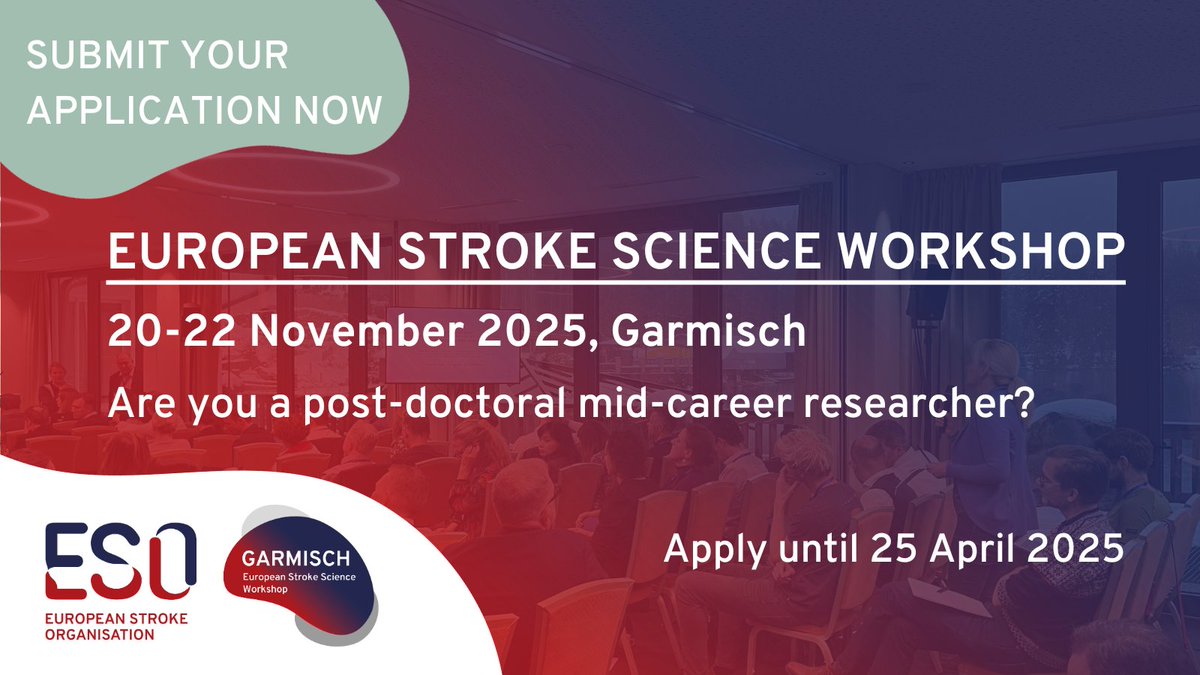 🧠 Applications for the European Stroke Science Workshop are open until 25 April 2025!
Join leading clinician-scientists in a highly interactive setting to explore cutting-edge #StrokeScience.
👉 ow.ly/zFW150Vsn2g

#stroke #StrokeResearch #stroketwitter
