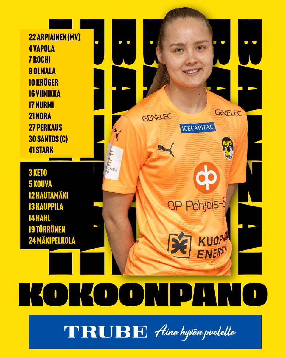 KuPS kokoonpano tänään Kansallisen Cupin finaalissa! 🟨⬛

🆚 HJK - KuPS
⚽️ Kansallinen Cup, finaali
🕖 Su 13.4. klo 12.00
🏟️ Bolt Arena
📺 Ruutu+

🤝 Kokoonpanon tarjoaa Trube

#KuPS #Kuopio #KansallinenCup #trube