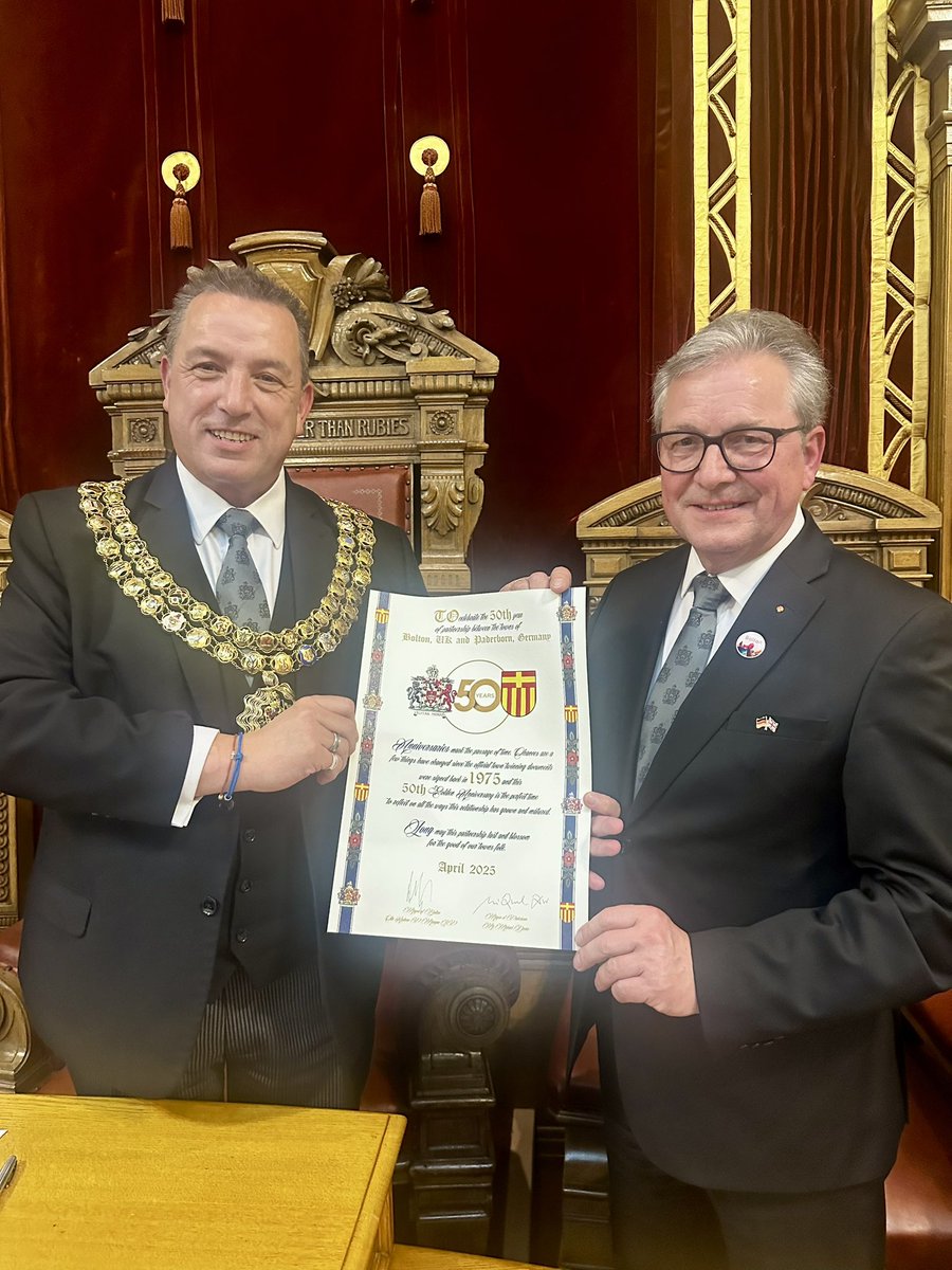 boltontory's tweet photo. Day 333 (Part 4 - Saturday):  This evening we had the absolute privilege of hosting a civic dinner at the town hall to mark the 50th anniversary of our official twinning with Paderborn. 

Speeches were made by both myself, the mayor of Paderborn and a presentation was given highlighting Bolton regeneration aspirations. 

It was a celebration of not only of our enduring friendship but of the values that bind us across countries, unity, shared history, and hope for the future.

The bond between our towns is reflected not just in official visits, but in the friendships, exchanges, and understanding that have flourished through the years. 

The toasts we shared last night weren’t just ceremonial, they were a symbol of mutual respect and trust in each other’s cultures.

A heartfelt thank you to the delegation from Paderborn and a special thanks as well to our friends from Le Mans in France and Przemyśl in Poland whose participation brought an extra layer of richness and warmth to the evening. 

Here’s to continued friendship, shared futures, and many more memories to come.

#TeamBolton
#togetherstronger
Mayor of Bolton
