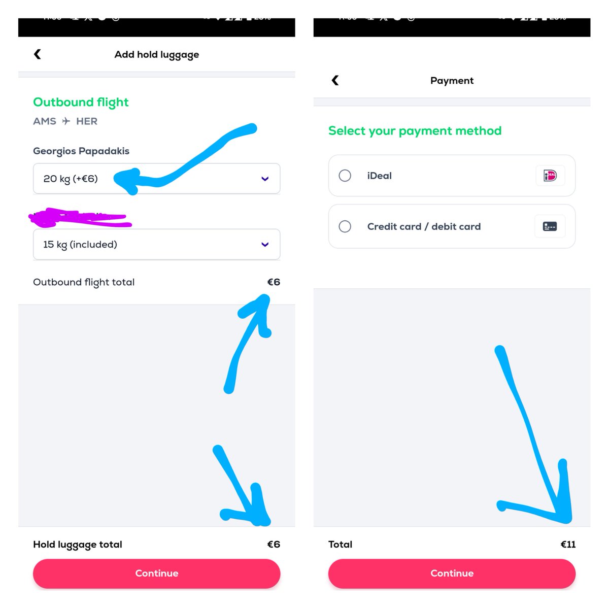 gpapadak83's tweet photo. Going to the next step in Transavia's  additional luggage booking, gives you a different increased price as compared to the previous step 😡
(and it's not the first time this happens)
When are you going to fix this  @transavia ? https://t.co/MBi6Ry02Q0
