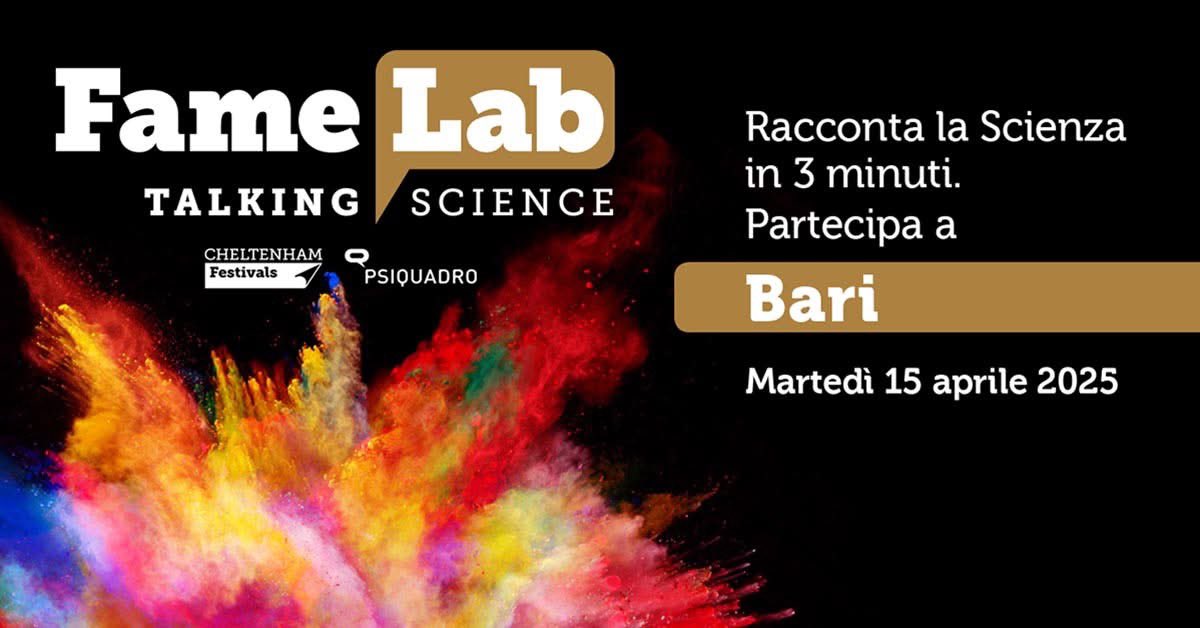 dinosauol's tweet photo. 3 minuti per raccontare la scienza
@FameLabItalia 
Martedì 15 aprile - Aula Leogrande, Centro Polifunzionale Studenti, Università degli Studi di Bari Aldo Moro

Preselezioni ore 15, finale ore 18,00 https://t.co/BeapNad8l7