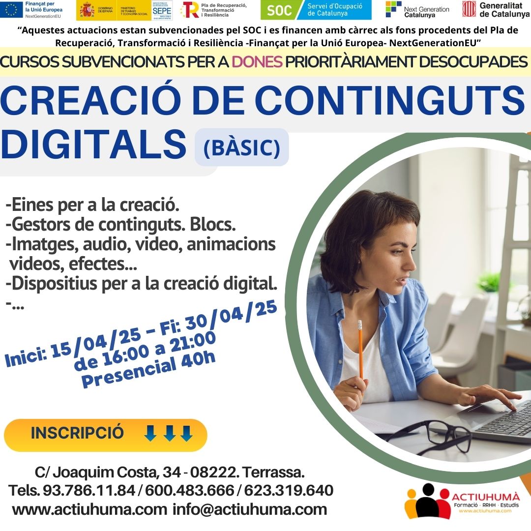 actiuhuma's tweet photo. Cursos ADA subvencionats per a "Dones", només 10 sesions, inscriu-te, no perdis la teva opció ‼️
Cursos ADA subvencionados para “Mujeres” solo 10 sesiones, inscribete, no pierdas tu opción ‼️ https://t.co/0L0dORPqsU
