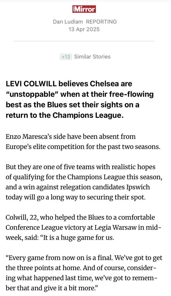 Danny_Luds's tweet photo. Levi Colwill backs Chelsea to rediscover ‘unstoppable’ form in race for Champions League 🔥

Piece for @MirrorFootball https://t.co/DYOpoVNfpx