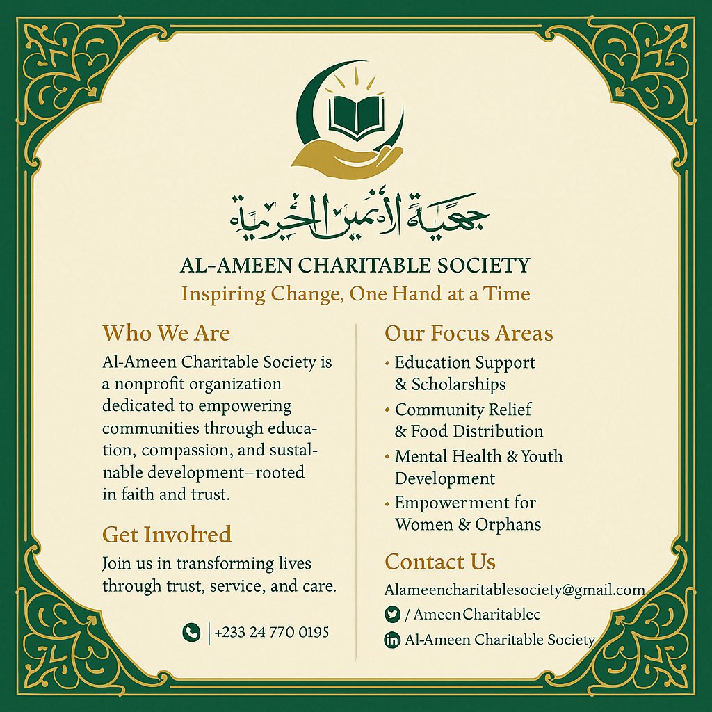 AmeenCharitable's tweet photo. AL-AMEEN CHARITABLE SOCIETY

جمعية الأمين الخيرية
Inspiring Change, One Hand at a Time

Get Involved:
Join us in transforming lives through trust, service, and care.

#charitydonation https://t.co/DbVv916ODm