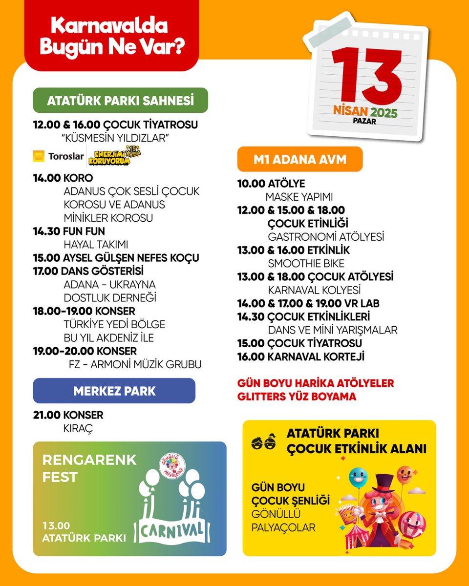 13 Nisan Pazar Günü Karnaval programında neler var? 
Tüm karnaval programı için ise web-sitemizi inceleyebilirsiniz. 🍊🧡 
#NisandaAdana #PortakalÇiçeğiKarnavalı