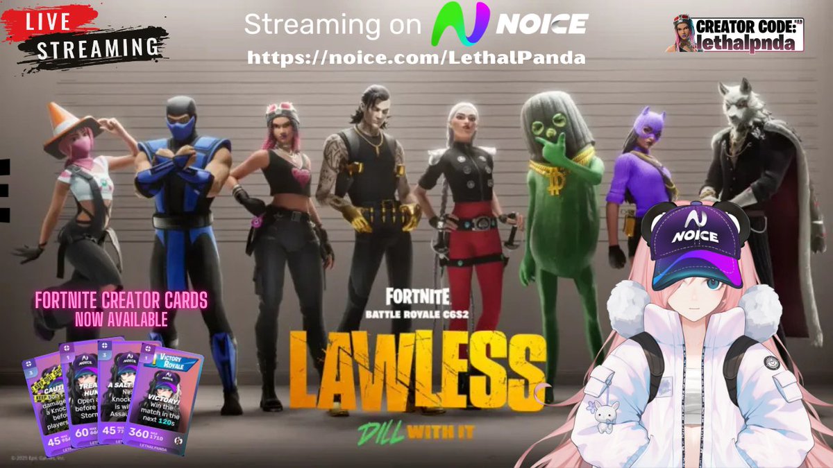 lethalpnda's tweet photo. Late Night Fornite! Now LIVE on @NoiceStreaming Come play the Card Prediction Game and earn points towards those Prestige Badges! #noicestreaming #noicepartner https://t.co/L6AlFIYlN3