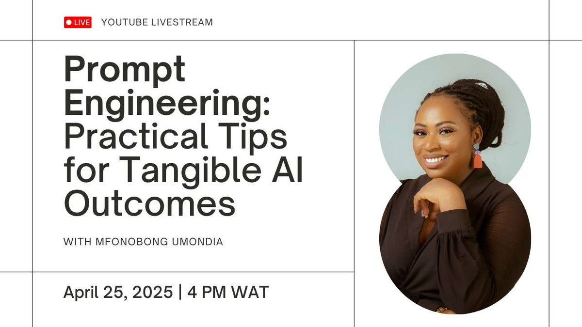 Prompting is the difference between: ‘Wow, this is genius’ and ‘What fresh nonsense is this?’

Give me just one hour, and I’ll teach you how to consistently get the first one.

📅 Date: 25th April, 2025 
🕓 4:00 PM WAT
👉 RSVP lu.ma/36ce0fpo
#MfonobongUmondia