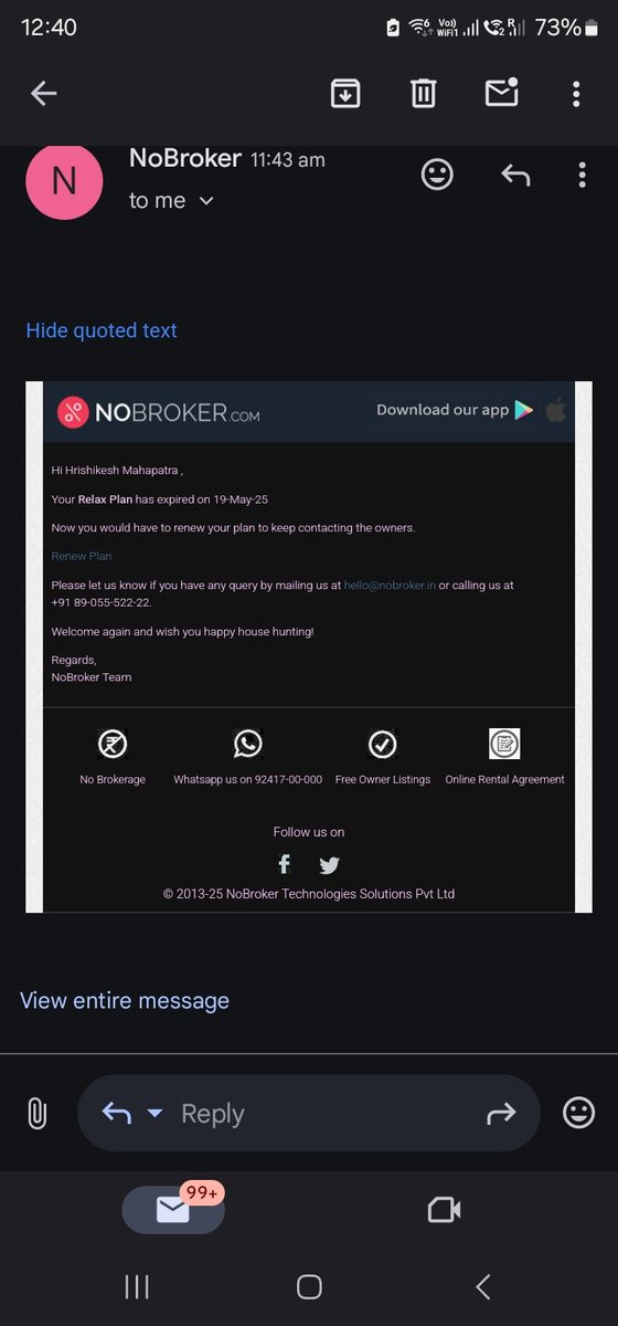 Hrishikesh1711's tweet photo. @NoBrokerCare @nobrokercom no resolution of activation of Tenant Relax plan. No support provided since yesterday.  Please resolve at the earliest. How come the plan expire with the future date. https://t.co/Qzw6Yd3sQF
