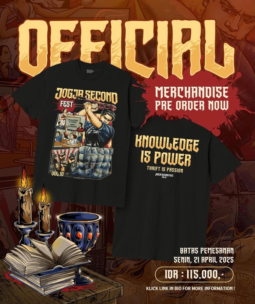 🚨
OPEN PRE ORDER
OFFICIAL MERCHANDISE JSF 10

T SHIRT - IDR 115.000
( size XXL-XXXL + 15.000
custom size lebih dari XXXL + 20.000 )

Pre Order hanya sampai tanggal 21 April 2025 dan pembayaran wajib lunas.
.
Hubungi kontak jogja second fest +62 821-3430-5776 atau bisa DM kami.