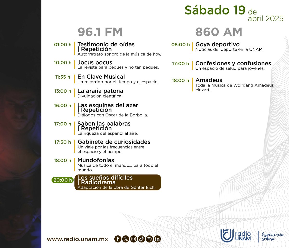 RadioUNAM's tweet photo. ¡#FelizSábado, #radionauta! 😊✨
Déjanos acompañarte en este día y disfruta con la magia de #JocusPocus 🐰✨, entérate de las noticias del deporte universitario 🏈 y escucha "Los sueños difíciles" 📻
Consulta la programación de #HoyEnRadioUNAM 👇 https://t.co/q8K141P3nQ