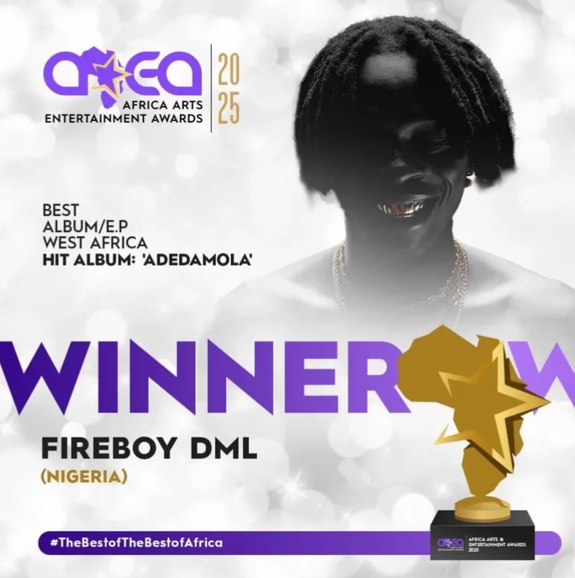 thedebuthub's tweet photo. Fireboy DML’s “adedamola” has won the BEST ALBUM/EP WEST AFRICA award at the AAEA 2025! 🏆 https://t.co/I52O1WhXuw