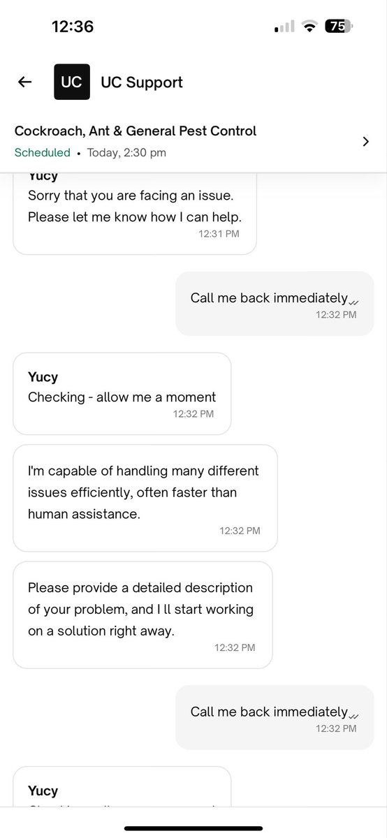 ankitpsaraogi's tweet photo. @urbancompany_UC what can we do to explain a not so smart AI chatbot (Yucy) that a customer needs call back. https://t.co/peAZP1iXdg