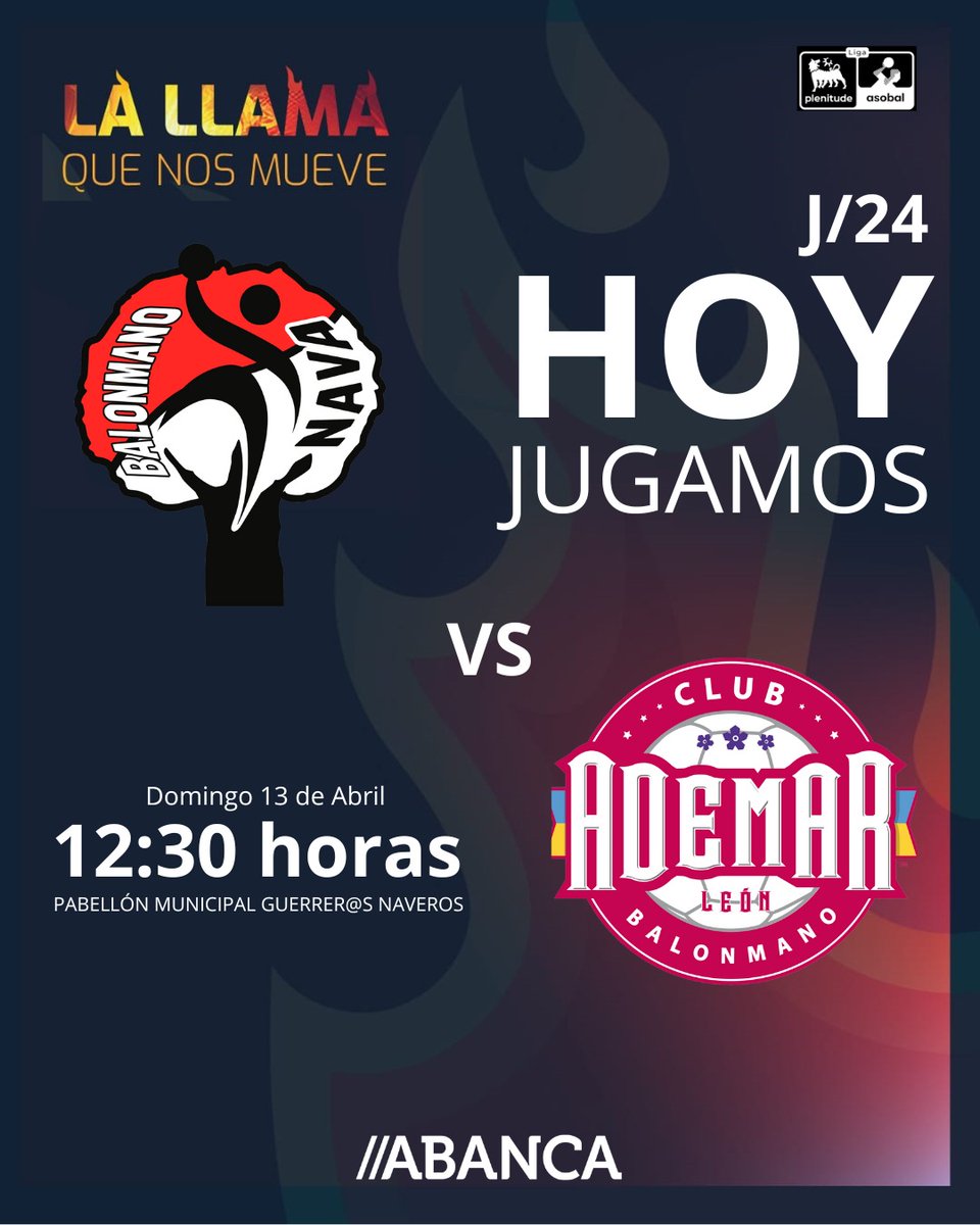 ADEMARLEON's tweet photo. ⏰ ¡𝙎𝙤𝙡𝙤 𝙦𝙪𝙚𝙙𝙖𝙣 𝟯 𝙝𝙤𝙧𝙖𝙨!
📌 12:30 - 13 de Abril
⚡ @BalonmanoNava 🆚 //ABANCA Ademar León
𝗟 𝗔 𝗟 𝗟 𝗔 𝗠 𝗔 𝗤 𝗨 𝗘 𝗡 𝗢 𝗦 𝗠 𝗨 𝗘 𝗩 𝗘🦁🔥
@SomosABANCA
#AdemarALuchar #Ligaplenitude #Asobal https://t.co/g2TDXo3NuO