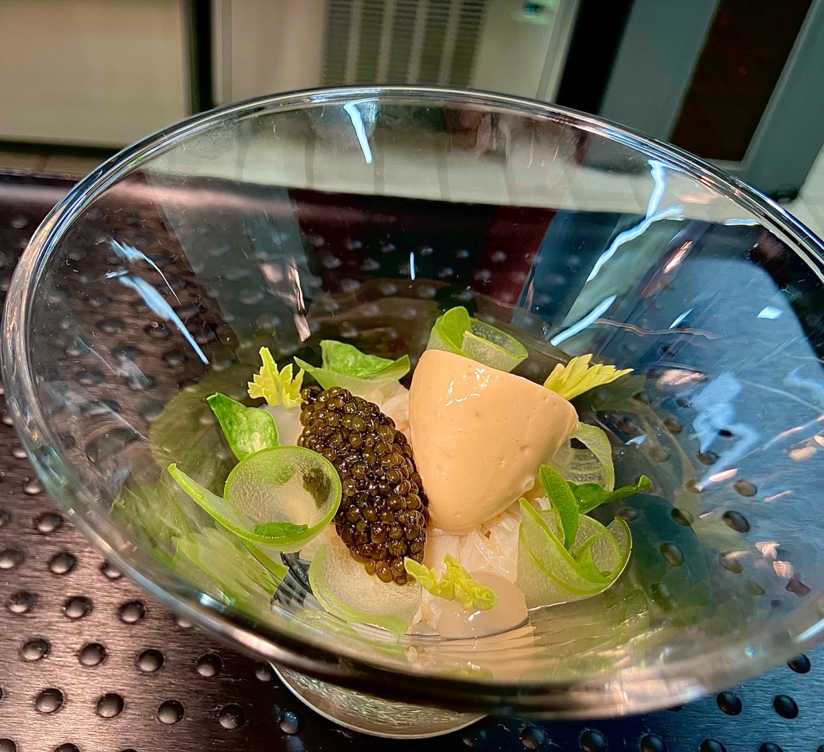 Cornish crab, green tomato juice, granny smith apple, lemon verbena, Oscietra caviar, 
brown crab meat mousseline with lemongrass, ginger and lighly spiced miso.