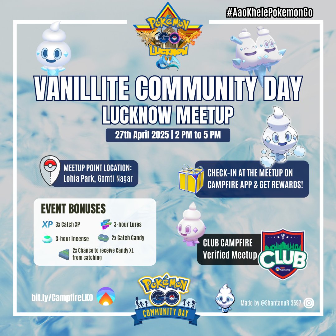 😃 APRIL 2025 COMMUNITY DAY!
🍦 Featuring Vanillite

👋 Join us at the meetup &amp; get rewards when you check-in on Campfire: bit.ly/CampfireLKO

#PokemonGoCommunityDay