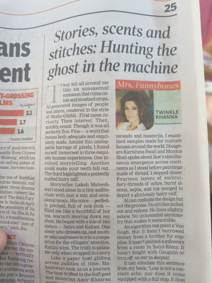 Gunja (@geekaytalks) on Twitter photo I use GenAI to the last grain, buy subscription after subscription But this column by <a href="/mrsfunnybones/">Twinkle Khanna</a> ia a soothing reminder - it may "generate' poetry, but without the tears that stain my face while I weave experience after experience. So well written. I use GenAI to the last grain, buy subscription after subscription But this column by <a href="/mrsfunnybones/">Twinkle Khanna</a> ia a soothing reminder - it may "generate' poetry, but without the tears that stain my face while I weave experience after experience. So well written.