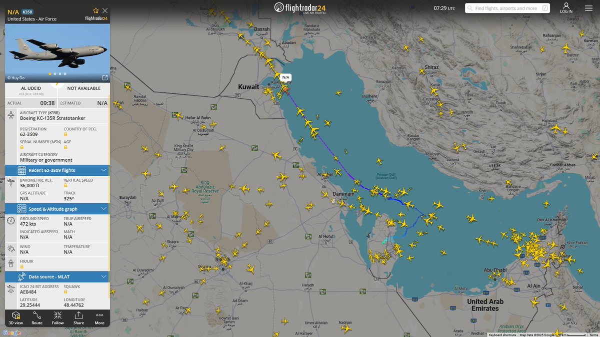 AIYeyENGDdJkjTr's tweet image. Apr. 13, 2025
#Al-Udeid Air Base ==&amp;gt;

#NoCALLSIGN #AE0484 USAF KC-135R Stratotanker