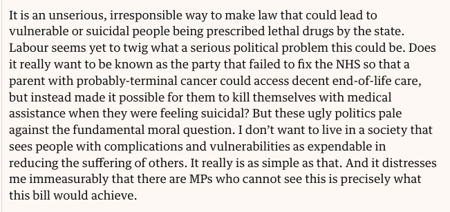 soniasodha's tweet photo. I don't want to live in a society where people with complicated lives and vulnerabilities are seen as expendable in easing the suffering of others. But that's exactly what this assisted dying bill would achieve.

My Observer column. https://t.co/wz1d7iVfzy