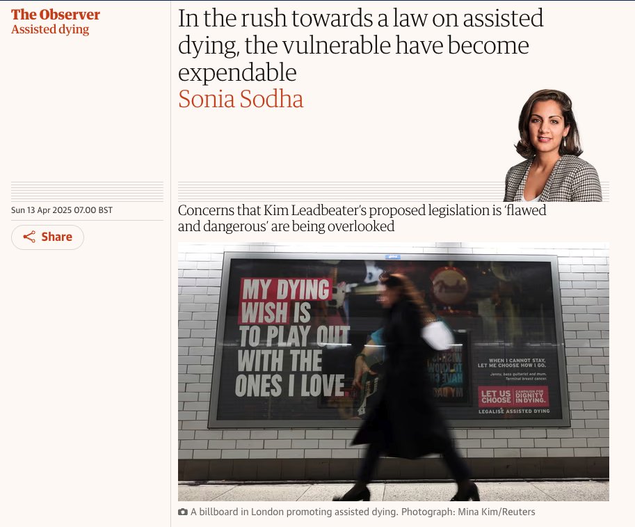 soniasodha's tweet photo. I don't want to live in a society where people with complicated lives and vulnerabilities are seen as expendable in easing the suffering of others. But that's exactly what this assisted dying bill would achieve.

My Observer column. https://t.co/wz1d7iVfzy