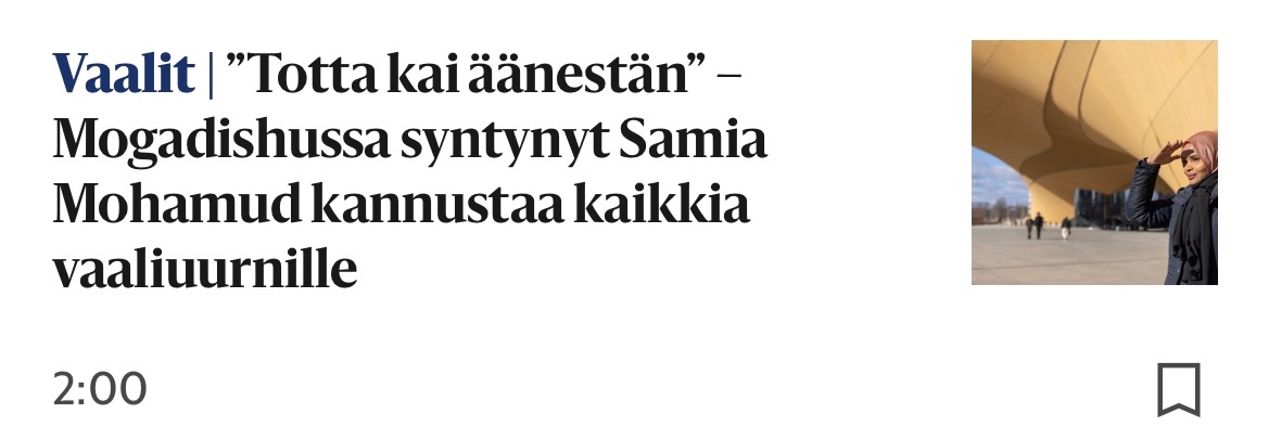 Mogadishussa syntynyt Samia Mohamud äänestää tänään. Hänen äänensä vaikuttaa siihen, miten sinun verorahojasi käytetään seuraavat neljä vuotta.

Äänestä sinäkin. Äänestä perussuomalaisia.