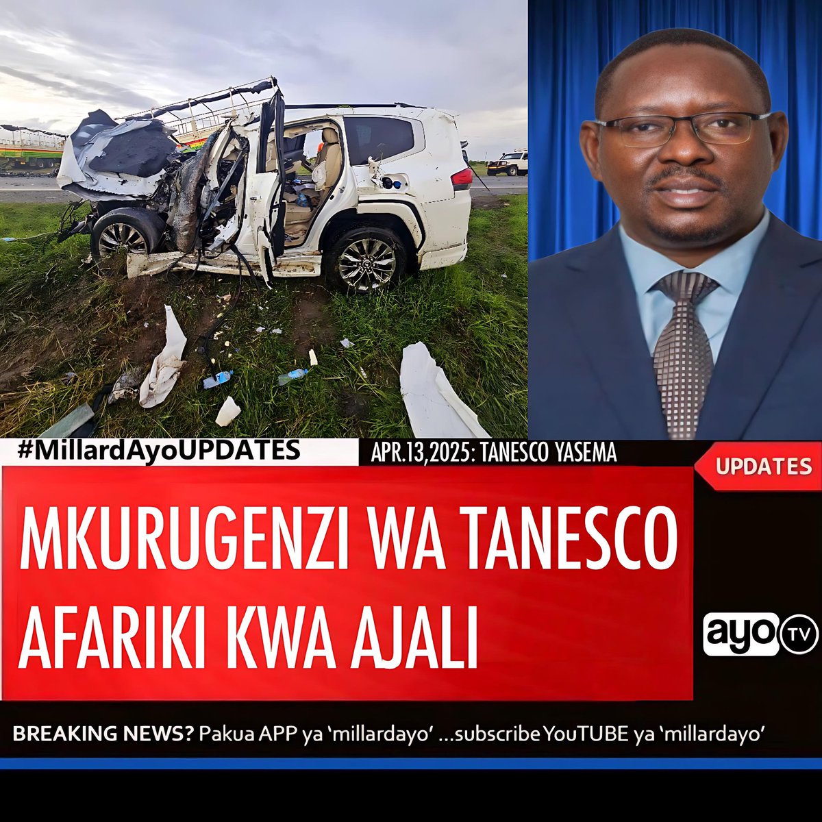 millardayo's tweet photo. Bodi ya Wakurugenzi wa Shirika la Umeme Tanzania (TANESCO) imethibitisha kifo cha aliyekuwa Mkurugenzi Mtendaji wa shirika hilo, Mhandisi Gissima Nyamo-Hanga kilichotokea leo Jumapili, Aprili 13, 2025 baada ya kupata ajali ya Gari katika Wilaya ya Bunda Mkoani Mara.

Kupitia taarifa rasmi TANESCO imetoa pole kwa Familia ya Marehemu Ndugu, Jamaa, Wafanyakazi wote wa Shirika hilo pamoja na Watanzania kwa ujumla, ikieleza kuwa kifo cha Mhandisi Nyamo-Hanga ni msiba mkubwa kwa Taifa 

Taarifa zaidi kuhusu taratibu za mazishi na ratiba ya shughuli za maombolezo zitaendelea kutolewa kadri mipango itakavyokamilika limeeleza shirika hilo.
#MillardAyoUPDATES