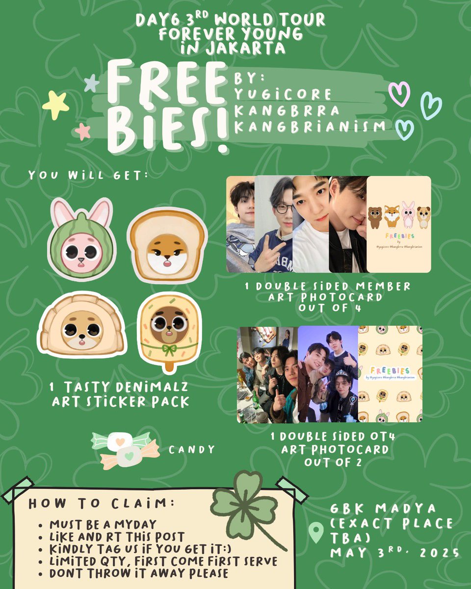 kangbrra's tweet photo. 🍀DAY6 FOREVER YOUNG IN JAKARTA🍀
 🐻🦊🐰🐶
₊˚⊹ ᰔ freebies by @yugicore @kangbrra @kangbrianism 

📌may 3rd 2025, GBK Madya (details TBA)
🍀 limited qty, more info at poster!

#DAY6_FOREVER_YOUNG_Indonesia https://t.co/E2LQkItLL5
