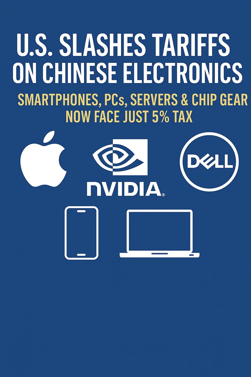 TechbytesAfrica's tweet image. 🚨 Big win for Big Tech: The U.S. just slashed tariffs on Chinese electronics — smartphones, PCs, servers &amp;amp; chip gear now face just 5% tax, down from 45%.

Apple, Nvidia, Dell, and others get a break — but it’s not a trade truce, just consumer cost control. 🇺🇸
#Tariffs #USChina