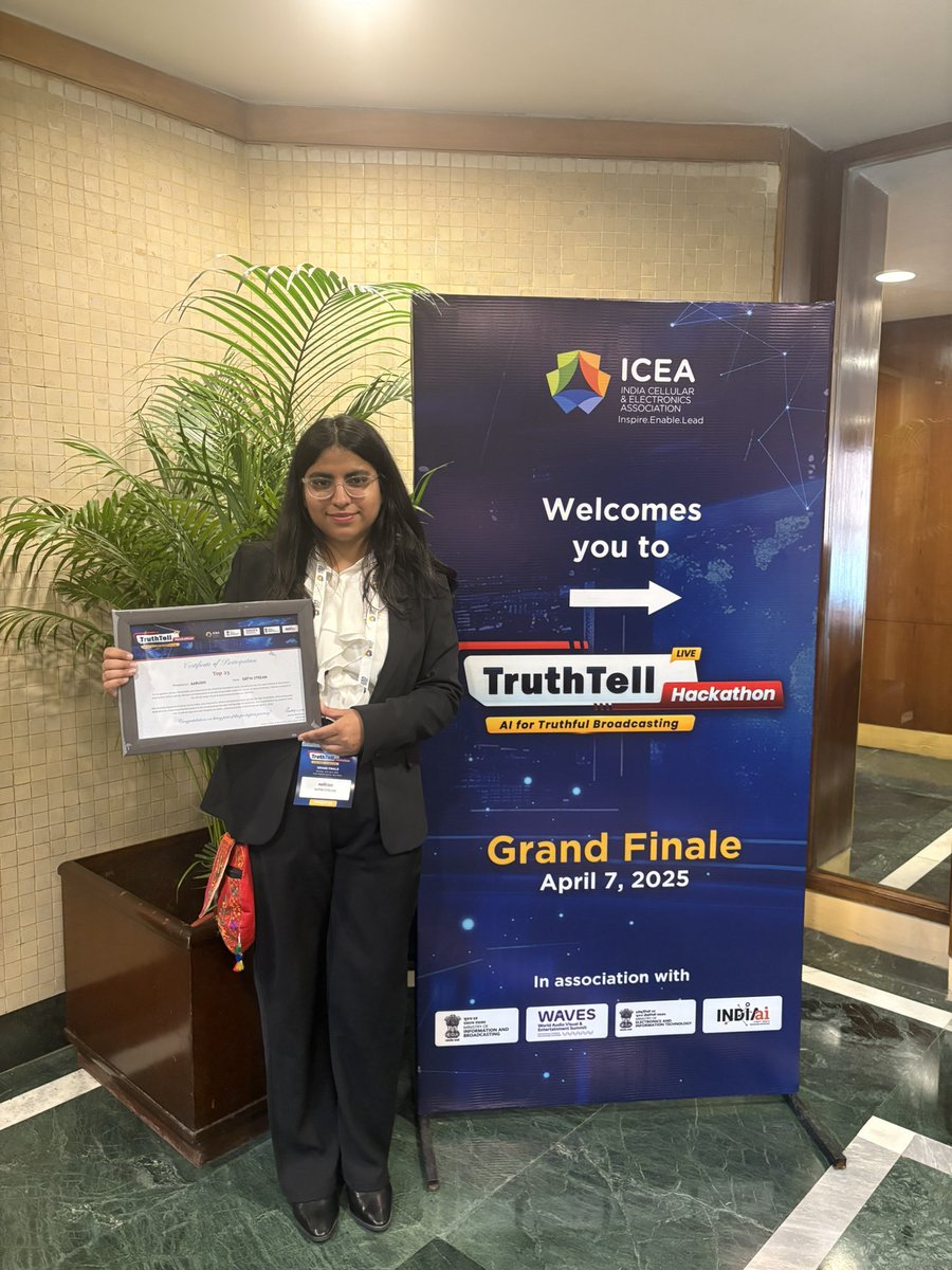 aarushiksk's tweet photo. Had an incredible experience showcasing our solution, TrueDat: AI-powered truth, one stream at a time, with @unsaintme at #TruthTellHackathon. Truly grateful to the Ministry of Broadcasting, Electronics & IT, and ICEA for the opportunity to present our vision!
#Hackathon #AI https://t.co/zJIkazUrgS