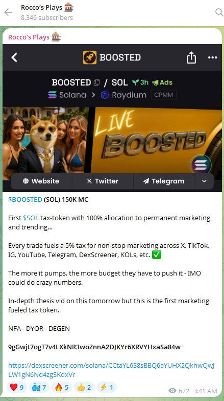 BOOSTED on Rocco's Plays 🚀

ca: 9gGwjt7ogT7v4LXkNR3woZnnA2DJKYr6XRVYHxaSa84w

t.me/roccosplays/428