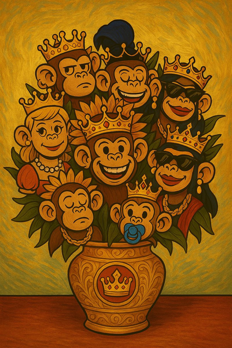 NoctaArt's tweet photo. Ils ont encensé des fleurs mortes, alors on leur a offert une couronne.

“Tournesol, mais pas trop” – nouvelle pièce APE &amp; CROWN.
Satire dorée. Singe royal. Et un petit doigt levé à l’art spéculatif.

1/1 – créée par @nocta
Dispo maintenant sur Zora, lien dans la bio 

#NFTdrop https://t.co/7qziUyrJ5g
