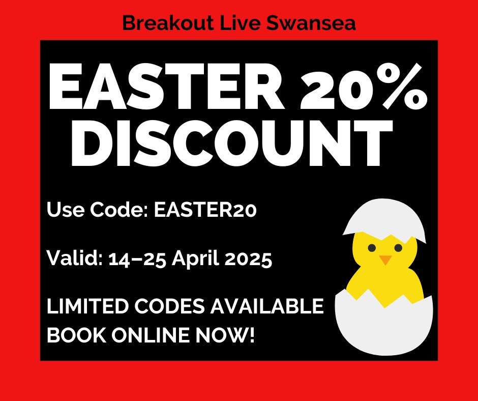 🚨 FLASH EASTER DEAL – ONLY 20 CODES AVAILABLE! 🚨

🐰 Think you're quick? Prove it.
We're giving you 20% OFF at Breakout Live Swansea this Easter with the code EASTER20 – but only for the first 20 people who book online!