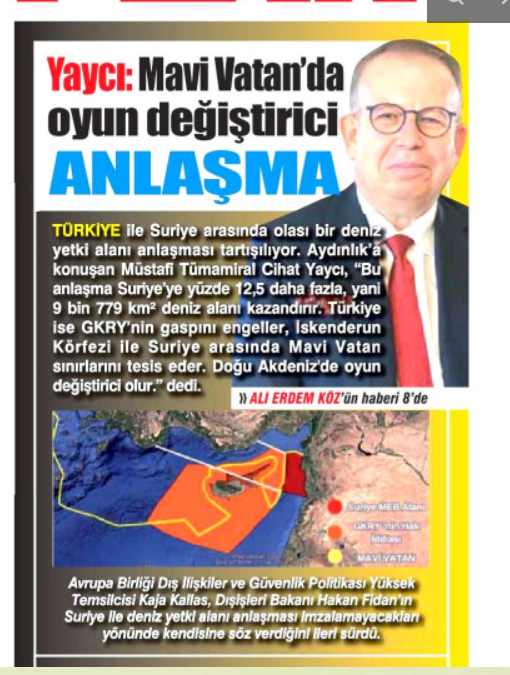Aydınlık gazetesi, Arap medyasında Türkiye'nin Colani yönetimi üzerine titremesinin ve Sahil bölgesinde Alevilere yönelik kıyımın/soykırımın temel nedenlerinden birisi olarak belirtilen konuyu işlemiş: Suriye ile deniz yetki alanları anlaşması.
⤵️