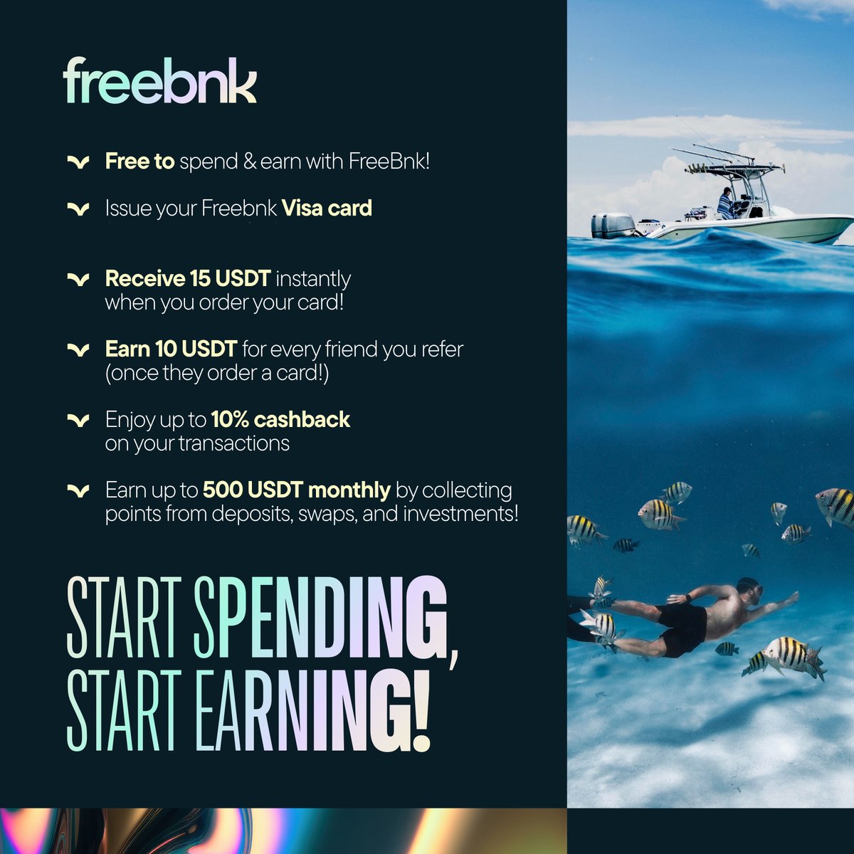 New Rewards with FreeBnk - Start spending and start earning today on FreeBnk.   Get your Visa card, earn $15 instant bonus, earn $10 per referral, enjoy up to 10% cash back on transactions and more.   Issue your visa card in our app: freebnk.io