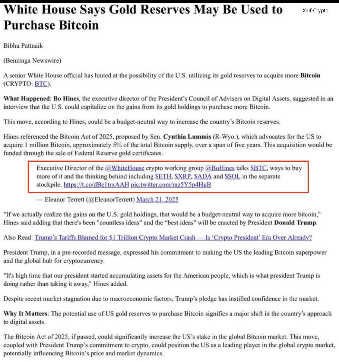 BIG BREAKING: 🤯 🤯 White House Crypto Group Eyes $ETH, $XRP, $ADA, and  $SOL for Strategic Reserve Alongside $BTC – Bo Hines Confirms! SEND XRP TO  VALHALLA 💥⚡