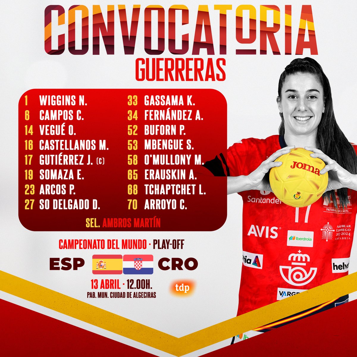 📋 ¡Os presentamos a las 1⃣6⃣ #Guerreras🇪🇸 convocadas por Ambros Martín para enfrentar a Croacia🇭🇷 por un billete en el Campeonato del Mundo 2⃣0⃣2⃣5⃣! 

➡️ June Loidi y María Palomo no son de la partida para este compromiso 

🫡 ¡A por todas, equipo! 

➡️ <a href="/aytoalgeciras/">Ayto. de Algeciras</a> |
