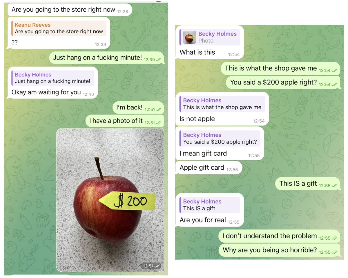 deathtospinach's tweet photo. Excuse my language but I am fucking LIVID

Keanu Reeves asked me for a $200 apple

I went out and got him one and he was SO ungrateful

I am FURIOUS 

(This might be one of my all time favourites 😂) https://t.co/uUWysIF3GZ