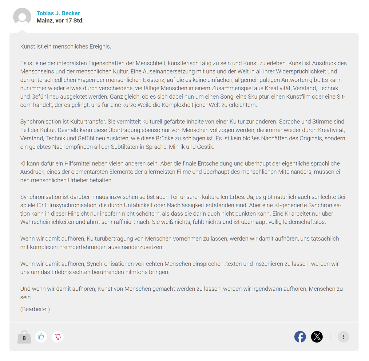 PatsVoiceActing's tweet image. Im Zuge der Petition möchte ich außerdem den Kommentar meines lieben Kollegen @TobiasJBecker1 zitieren. Ich hätte es nicht besser in Worte fassen können. #againstaidubbing