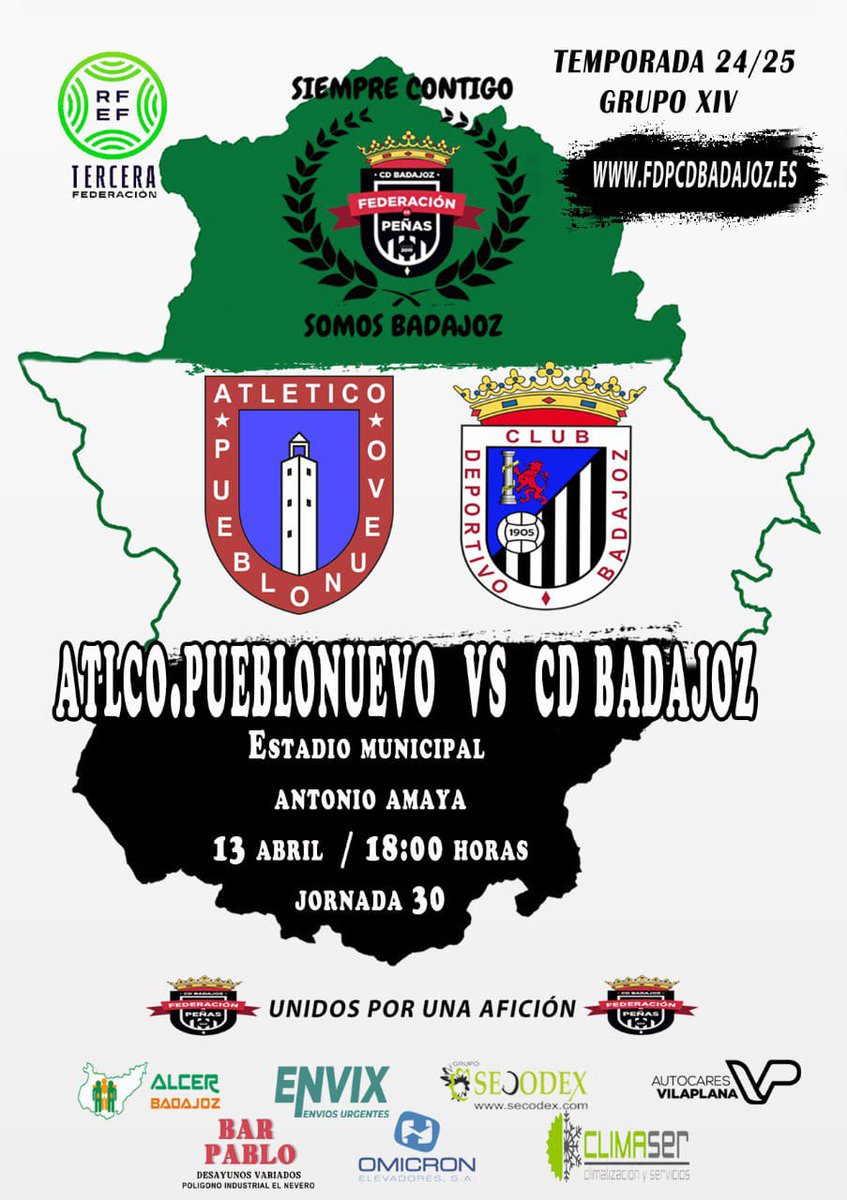 FEDERACIÓN DE PEÑAS DEL CD BADAJOZ (@fdp_cdb) on Twitter photo 🚨⚽ ᎻᎾᎽ ᎬᏕ ᎠłᎯ ᎠᎬ ᏰᎯᎠᎯ ⚽🚨
Día para confirmar la mejoría ➕3⃣
Y apoyar al equipo en el desplazamiento más corto 🚙🚗🛵💨
Pueblonuevo del Guadiana📍25kms
El objetivo ⏫ aún es posible 🤞🏼
🕕 18:00 <a href="/AtcoPueblonuevo/">Atlético Pueblonuevo</a> ⚔️ <a href="/CDBadajoz/">CD Badajoz</a>
#AupaCDB ⚪⚫ #SiempreContigo 🚨⚽ ᎻᎾᎽ ᎬᏕ ᎠłᎯ ᎠᎬ ᏰᎯᎠᎯ ⚽🚨
Día para confirmar la mejoría ➕3⃣
Y apoyar al equipo en el desplazamiento más corto 🚙🚗🛵💨
Pueblonuevo del Guadiana📍25kms
El objetivo ⏫ aún es posible 🤞🏼
🕕 18:00 <a href="/AtcoPueblonuevo/">Atlético Pueblonuevo</a> ⚔️ <a href="/CDBadajoz/">CD Badajoz</a>
#AupaCDB ⚪⚫ #SiempreContigo