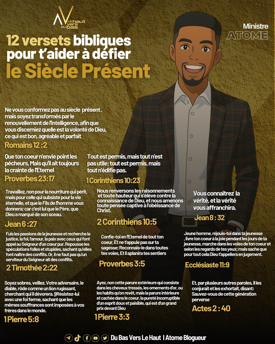 12 versets bibliques pour t’aider à défier le siècle présent. Bon dimanche 😊🕊️

#DuBasVersLeHaut