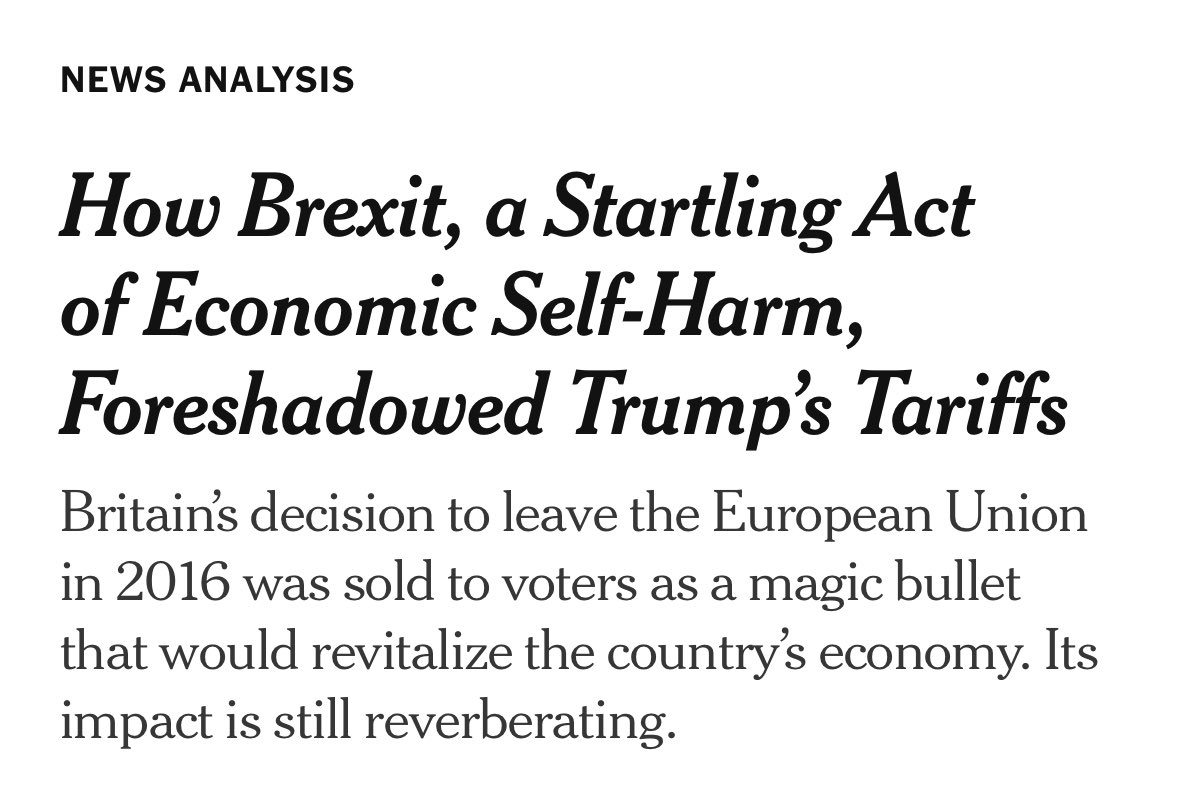 This NYT piece on Brexit is off-base, IMHO. The parallels with the Trump tariffs are extremely tenuous. 

While Brexit has raised non-tariff barriers to trade, the UK’s effective tariffs on all goods are actually *lower* now than they were before Brexit. 

The drop in trade since