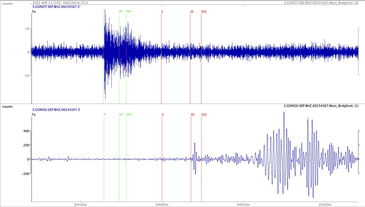 M5.8 earthquake, Tajikistan, at 04.24 UTC on 13 April 2025. Recorded in Nottingham using 'slinky' (top) and horizontal pendulum school seismometers
#earthquake ⚒️ #geology 🦕
earthquake.usgs.gov/earthquakes/ev…
