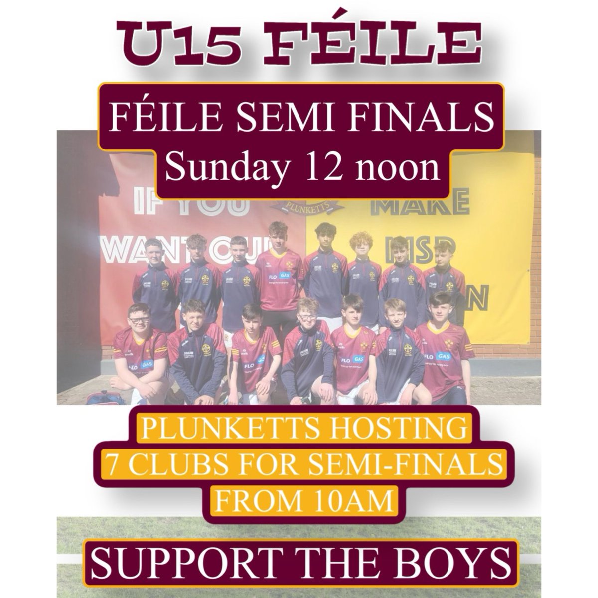 Our 2010 Féile Hurling Team are hosting 7 clubs for this weekends  Féile semi-finals today. The first games throw in at 10 a.m. our lads throw in their s-final at 12pm. All support welcome for the team.

Please walk , cycle or scoot to the club as it will be exceptionally busy.