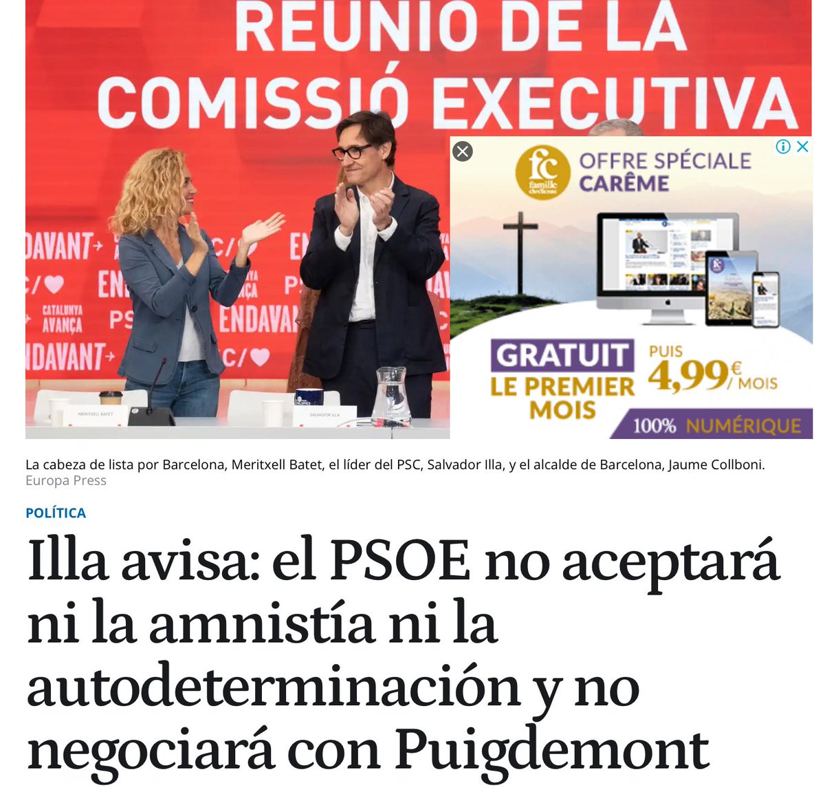 KRLS's tweet photo. La dependència d’Espanya mai no tanca el problema. Espanya mai no respecta la voluntat dels catalans, com va quedar perfectament clar en el referèndum de l’Estatut. Espanya roba les inversions a tot els catalans, perquè mai no inverteix allò que aprova invertir, i en canvi engreixa cada any el benestar de Madrid injectant molts més diners dels previstos. Cada any.

Si alguna cosa no tanca el problema és la fórmula espanyola; només es tancarà amb la fórmula que els catalans validin. Sigui acordada o sigui unilateral. I aquest camí es pot recórrer de totes les maneres legítimes, mentre no es renunciï a l’objectiu final.

Tanmateix, un socialista és capaç de dir coses com aquestes i exactament les contràries en funció de les circumstàncies. Des de l’OTAN fins a l’amnistia.