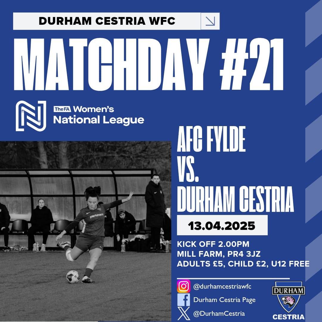 DurhamCestria's tweet image. Game Day! ⚽️

We're down to the final two games of the 24/25 season as we travel to face @FyldeWomenFC today!

#UTD