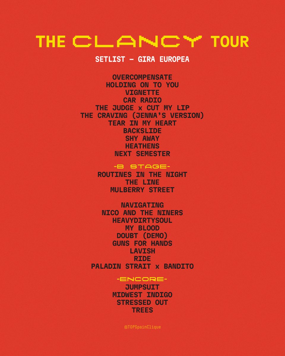 TOPSpainClique's tweet photo. spoilers #ClancyTour //

este es el nuevo setlist de twenty one pilots ❤️‍🔥 https://t.co/S7XMgWiUm1