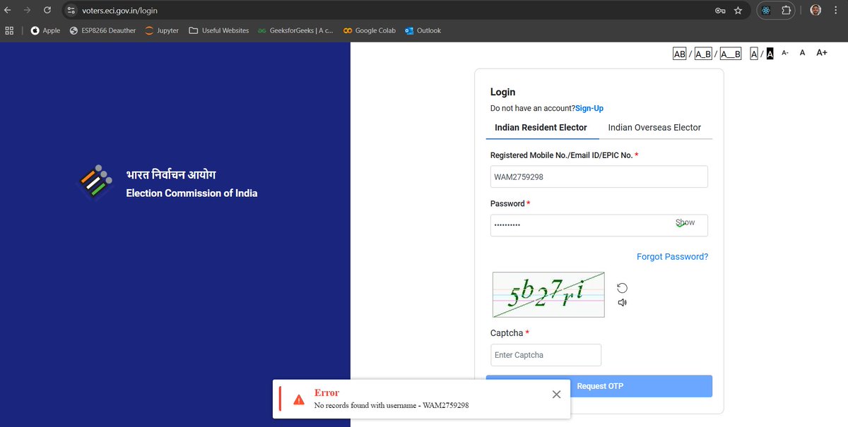 AvAwasthi's tweet photo. I’m unable to log in using my EPIC number even though it is correct. I have voted in 2 Lok Sabha elections and 3 Delhi Vidhan Sabha elections. Please look into this issue. @ECISVEEP https://t.co/CxTRnPQFuo