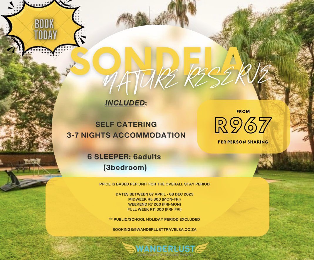 SaWanderlust's tweet photo. Discover the ultimate bushveld getaway at Sondela Nature Reserve, Bela-Bela! 🌄 

Stay in a 6-sleeper luxury chalet, enjoy thrilling activities, and unwind in nature. 

Valid 07 Apr – 08 Dec 2025 (excl. SA school &amp; public holidays)

📧bookings@wanderlusttravelsa.co.za https://t.co/emFwZhGVQ8